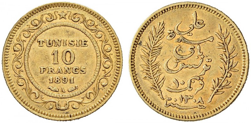 TUNESIEN 
 Ali Bei, 1882-1902. 10 Francs 1891. 3.22 g. Schl. 627. Fr. 13. Gutes...