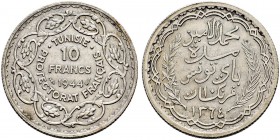 TUNESIEN 
 Mohammed Lamine Bei, 1943-1957. 10 Francs 1944 (1364 AH). 9.97 g. KM 269. Gutes vorzüglich.