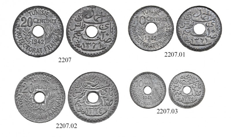 TUNESIEN 
 Lot 
 10 Centimes 1942. 20 Centimes 1942. 10 Centimes 1945. 20 Cent...