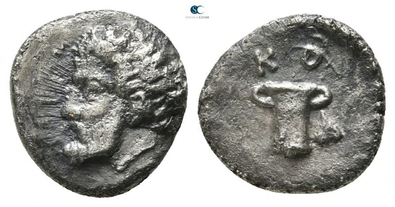 Kings of Thrace. Kotys I 382-359 BC. 
Diobol AR

9mm., 0,84g.

Bearded head...