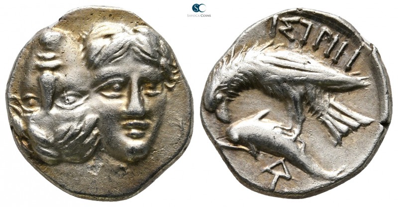 Moesia. Istros 400-300 BC. 
Drachm AR

17mm., 5,57g.

Facing male heads, th...