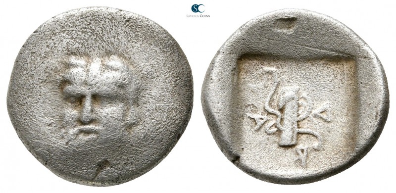 Akarnania. Herakleia 450-400 BC. 
Drachm AR

14mm., 2,22g.

Head of Acheloo...