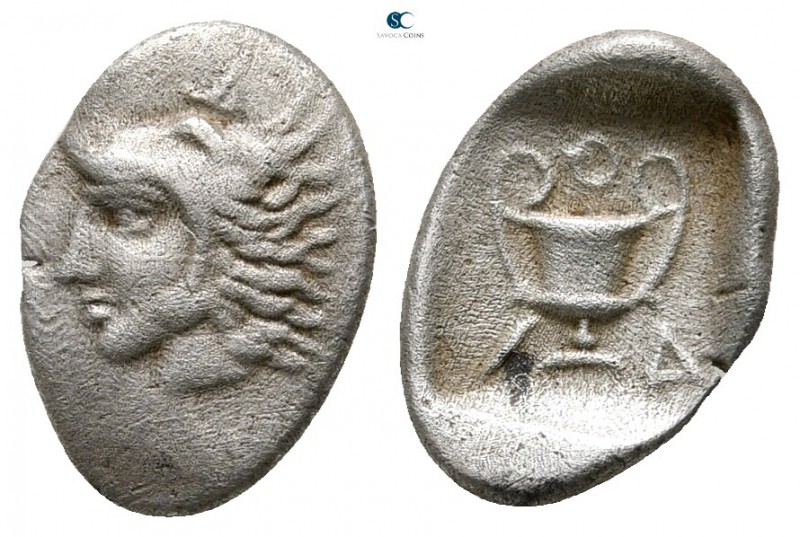 Akarnania. Uncertain mint 420-380 BC. 
Diobol AR

12mm., 0,75g.

Head of He...