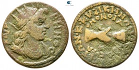 Phrygia. Hierapolis . Pseudo-autonomous issue circa AD 244-249. Time of Philip I Arab. Homonoia-issue with Kyzikos. Bronze Æ