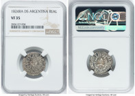 Rio de La Plata Real 1824 RA-DS VF35 NGC, La Rioja mint, KM17. Clear definition to the sunface with more of the wear occurring on the reverse. This is...