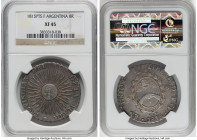 Rio de La Plata 8 Reales 1815 PTS-F XF45 NGC, Potosi mint, KM14. Graced with rainbow toning throughout and a bold sunface motif. Ex. Sedwick Treasure ...