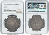 Republic Rio de la Plata 8 Reales 1815 PTS-F VF25 NGC, Potosi mint, KM14. Original dove-gray surfaces add appeal to this honestly worn example. HID098...