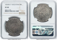 Republic Rio de la Plata 8 Reales 1834 RA-P XF40 NGC, La Rioja mint, KM20. Though circulated, the sunface on this wholesome example is plainly visible...