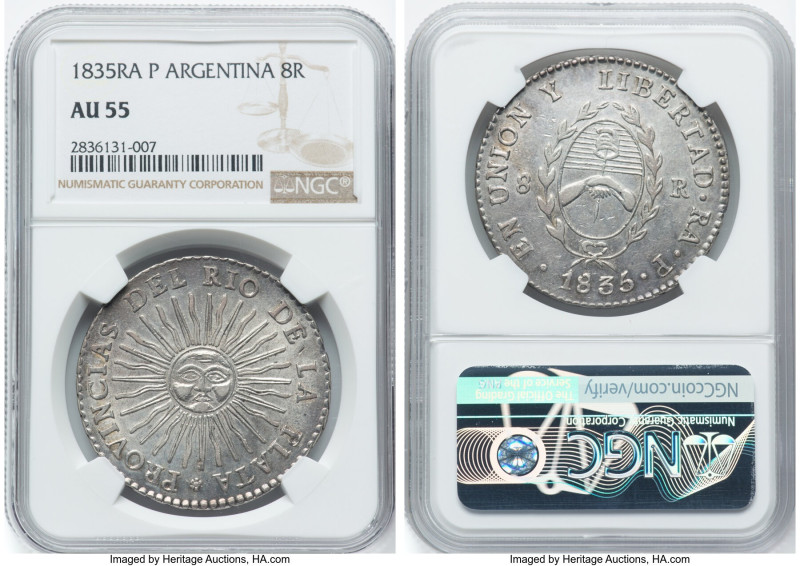 Republic 8 Reales 1835 RA-P AU55 NGC, La Rioja mint, KM20, CJ-37. One of the bol...