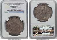 Republic 8 Reales 1836 RA-P AU Details (Graffiti) NGC, La Rioja mint, KM20. Toned in an enticing warm walnut tone with good detail remaining to the in...