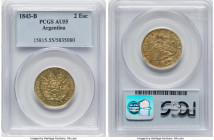 La Rioja. Provincial gold 2 Escudos 1843-RB AU55 PCGS, La Rioja mint, KM17. Wearing a spring yellow tone with dispersed caramel patination on the reve...