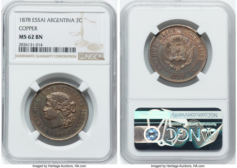 Republic copper Essai 2 Centavos 1878 MS62 Brown NGC, KM-E2. An attractive panop...