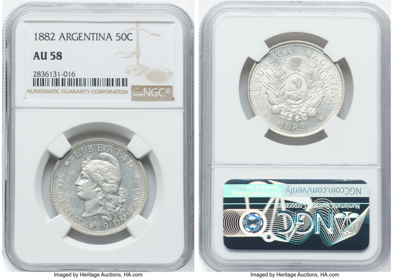 Republic 50 Centavos 1882 AU58 NGC, KM28. Cartwheel luster graces this bright ex...