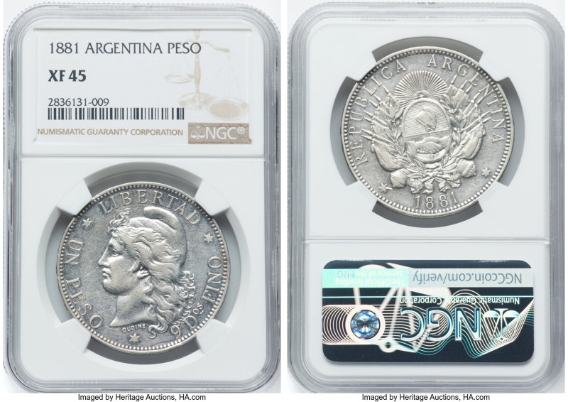 Republic Peso 1881 XF45 NGC, KM29, Elizondo-32, Janson-12. Mintage: 62,000. The ...