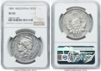 Republic Peso 1881 XF45 NGC, KM29, Elizondo-32, Janson-12. Mintage: 62,000. The first date in a three-year series that always generates enthusiasm amo...