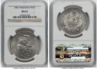 Republic Peso 1882 MS63 NGC, Buenos Aires mint, KM29. Pewter coloration with active luster. A single example places higher on the NGC census out of 75...