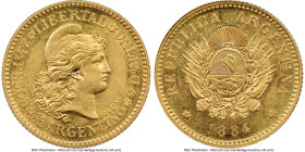 Republic gold 2-1/2 Pesos (1/2 Argentino) 1884 AU58 NGC, KM30, Fr-16, CJ-11. Harvest gold dresses this sought-after type with a meager mintage of 421 ...
