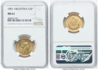 Republic gold 5 Pesos (Argentino) 1881 MS61 NGC, KM31. Plenty of mint freshness remains on this uncirculated specimen. HID09801242017 © 2023 Heritage ...