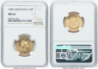 Republic gold 5 Pesos (Argentino) 1884 MS62 NGC, KM31, Fr-14. A beaming, honey-gold example with only two graded higher between the services. HID09801...