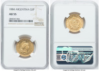 Republic gold 5 Pesos (Argentino) 1884 AU55 NGC, Buenos Aires mint, KM31, Fr-14. With only moderate wear, this piece separates itself from the crowd w...
