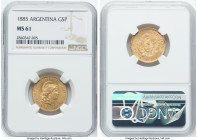 Republic gold 5 Pesos (Argentino) 1885 MS61 NGC, KM31. The usual contact marks limit the assigned grade on this lustrous, firmly struck specimen. HID0...