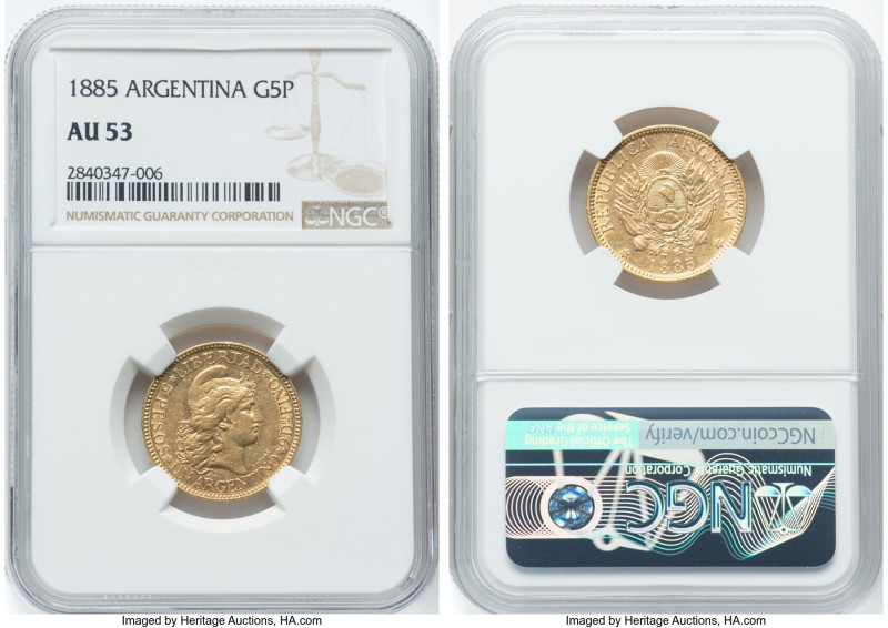 Republic gold 5 Pesos (Argentino) 1885 AU53 NGC, KM31, Fr-14. More than pleasing...