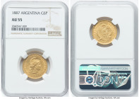 Republic gold 5 Pesos (Argentino) 1887 AU55 NGC, Buenos Aires mint, KM31, Fr-14. Displaying the usual bag marks, yet still wholesome and original. HID...