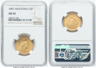 Republic gold 5 Pesos (Argentino) 1887 AU55 NGC, Buenos Aires mint, KM31, Fr-14. Gentle rub to the high points and scattered abrasions define the grad...
