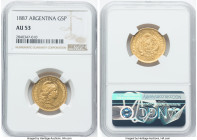 Republic gold 5 Pesos (Argentino) 1887 AU53 NGC, Buenos Aires mint, KM31, Fr-14. An olive hue adds charm to this piece that saw limited time in circul...
