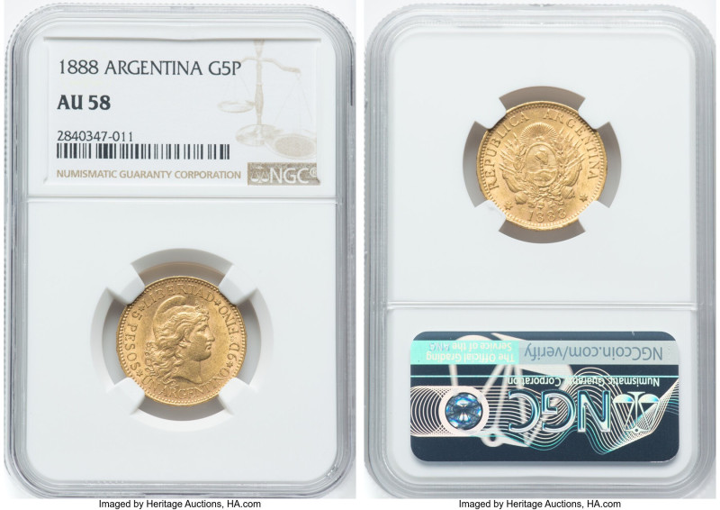 Republic gold 5 Pesos (Argentino) 1888 AU58 NGC, Buenos Aires mint, KM31, Fr-14....