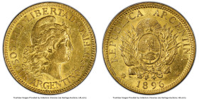 Republic gold 5 Pesos (Argentino) 1896 AU55 PCGS, KM31, Fr-14. The last year of this popular dual denomination issue, sporting the second-lowest minta...