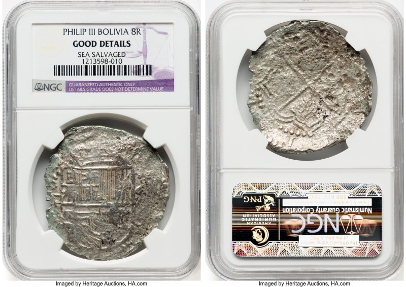 Philip III Cob 8 Reales ND (1598-1621)-P Good Details (Sea Salvaged) NGC, Potosi...