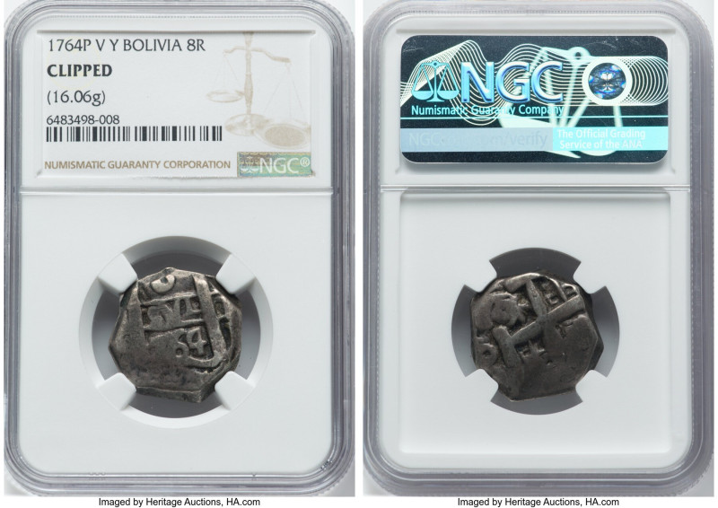 Charles III Cob 8 Reales 1764 P-V/Y Clipped NGC, Potosi mint, KM45, Cal-1140. 16...