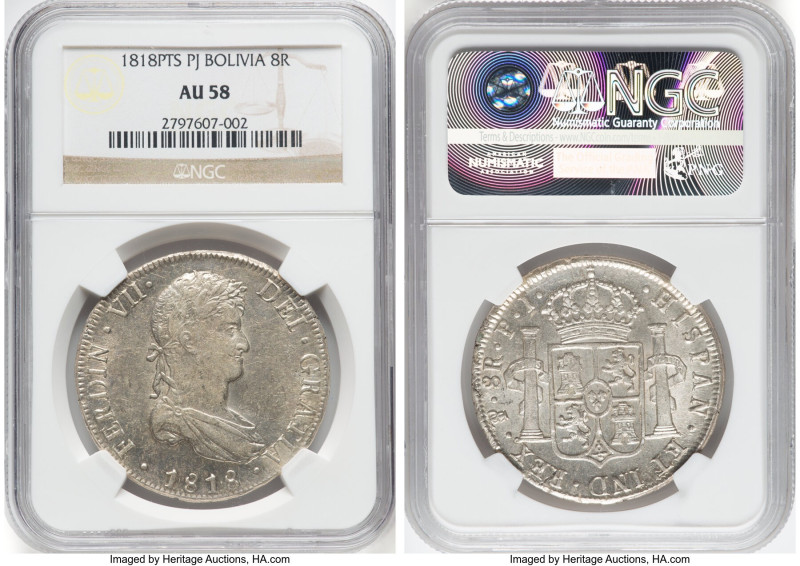 Ferdinand VII 8 Reales 1818 PTS-PJ AU58 NGC, Potosi mint, KM84. With ample luste...