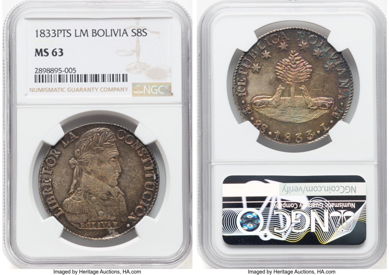 Republic 8 Soles 1833 PTS-LM MS63 NGC, Potosi mint, KM97. A unique and incredibl...