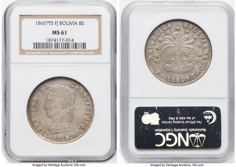 Republic 8 Soles 1860 PTS-FJ MS61 NGC, Potosi mint, KM138.6. Date under palm tre...