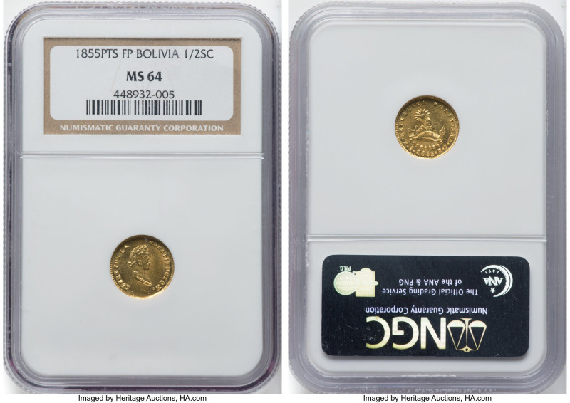 Republic gold 1/2 Scudo 1855 PTS-FP MS64 NGC, Potosi mint, KM113, Fr-36. An impr...