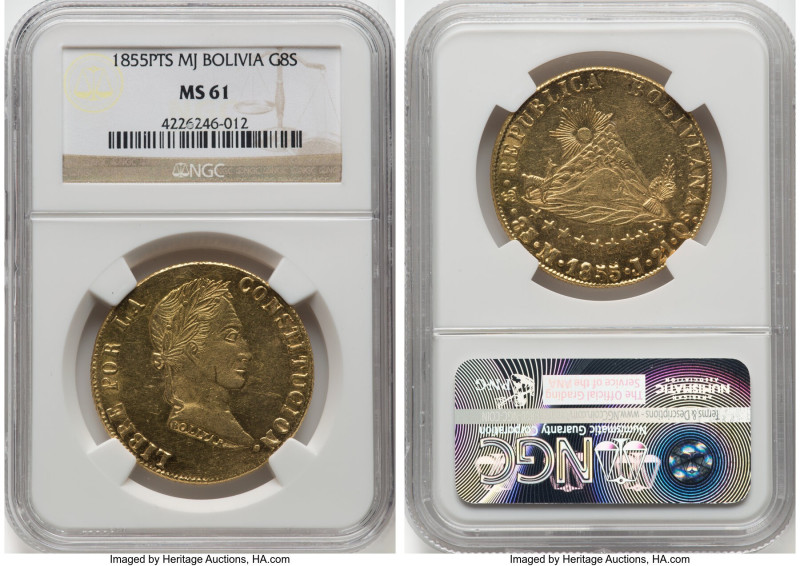 Republic gold 8 Scudos 1855 PTS-MJ MS61 NGC, Potosi mint, KM116. Crisp and lustr...