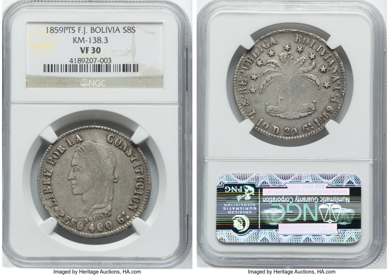 Republic Pair of Certified Multiple Soles NGC, 1) 8 Soles 1859 PTS-FJ VF30, Poto...