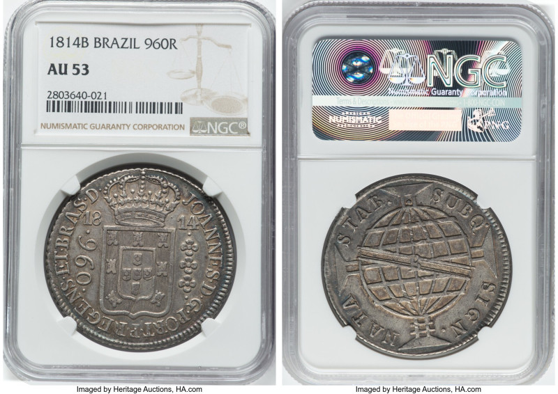 João Prince Regent 960 Reis 1814-B AU53 NGC, Bahia mint, KM307.1, LMB-399. Attra...