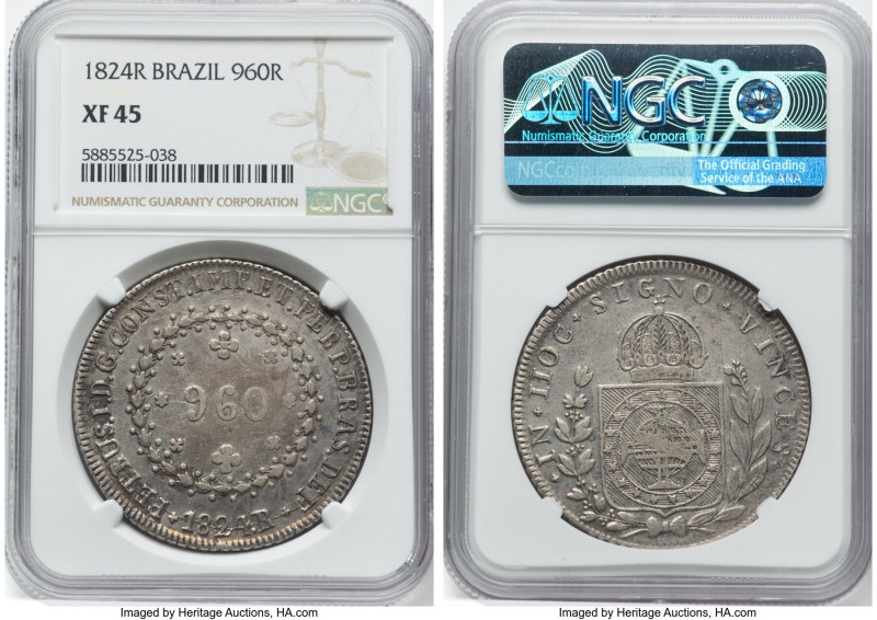 Pedro I 960 Reis 1824-R XF45 NGC, Rio de Janeiro mint, KM368.1, LMB-505. Struck ...