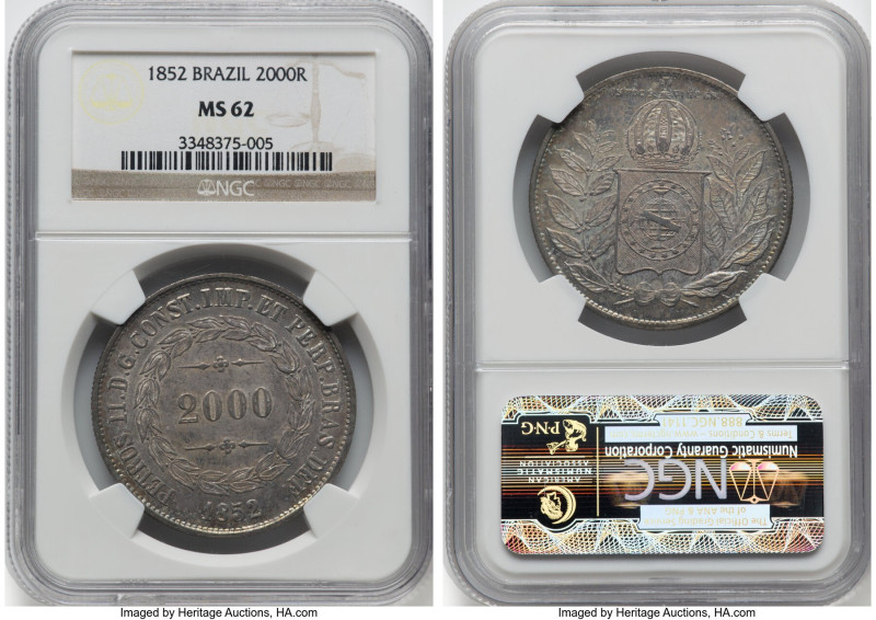 Pedro II 2000 Reis 1852 MS62 NGC, KM462. Flashy, toned in a beautiful mottled pa...