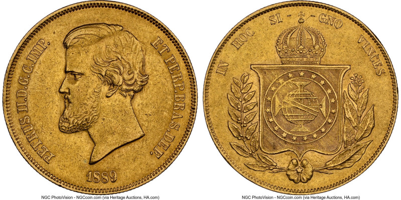 Pedro II gold 20000 Reis 1889 AU Details (Cleaned) NGC, Rio de Janeiro mint, KM4...