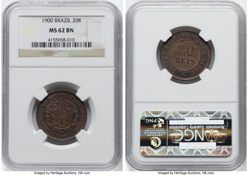 Republic 20 Reis 1900 MS62 Brown NGC, Rio de Janeiro mint, KM490. HID09801242017...