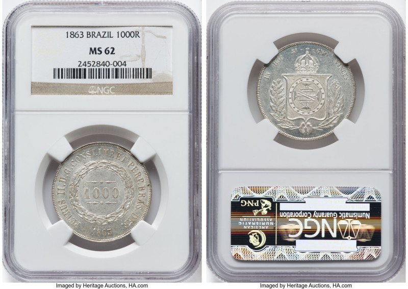 Pedro II Pair of Certified Assorted Issues MS62 NGC, 1) 1000 Reis 1863 MS62, KM4...