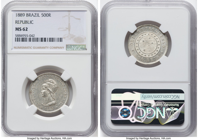 Republic Pair of Certified Assorted Issues MS62 NGC, 1) silver 500 Reis 1889 MS6...