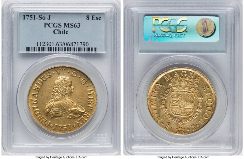 Ferdinand VI gold 8 Escudos 1751 So-J MS63 PCGS, Santiago mint, KM3, Cal-824. A ...