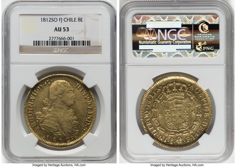 Republic gold 8 Escudos 1812 So-FJ AU53 NGC, Santiago mint, KM78. HID09801242017...