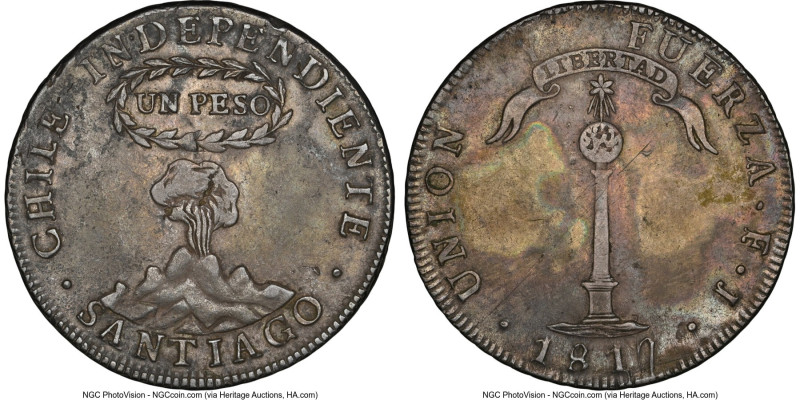 Republic "Volcano" Peso 1817 SANTIAGO-FJ XF40 NGC, Santiago mint, KM82.2. "Y" to...