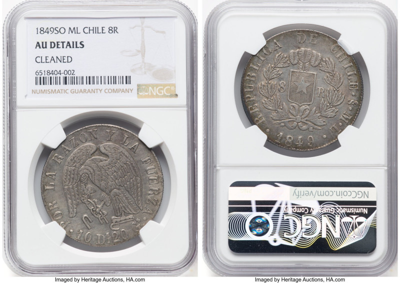 Republic 8 Reales 1849 So-ML AU Details (Cleaned) NGC, Santiago mint, KM96.2. HI...